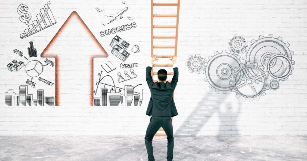Common Challenges | Overcoming Obstacles in Business Growth Businessman Climbing Ladder Towards Success with Illustrations of Challenges and Solutions