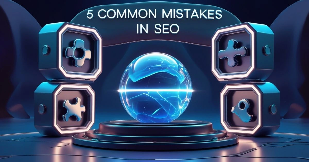 A futuristic digital display with a glowing blue sphere surrounded by puzzle-shaped icons, representing common SEO mistakes.