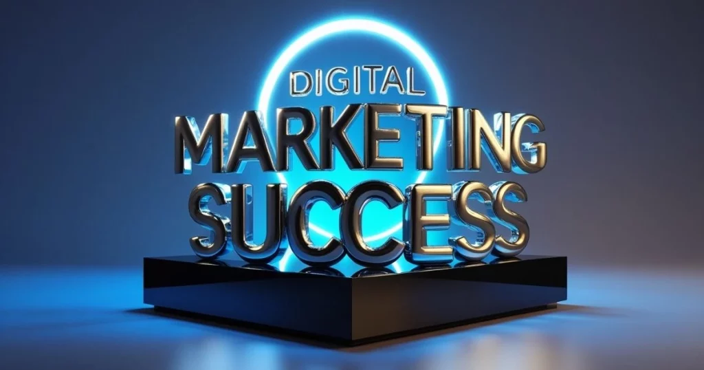 3D metallic text displaying "Digital Marketing Success" with a glowing neon blue background, symbolising online business growth and achievement.