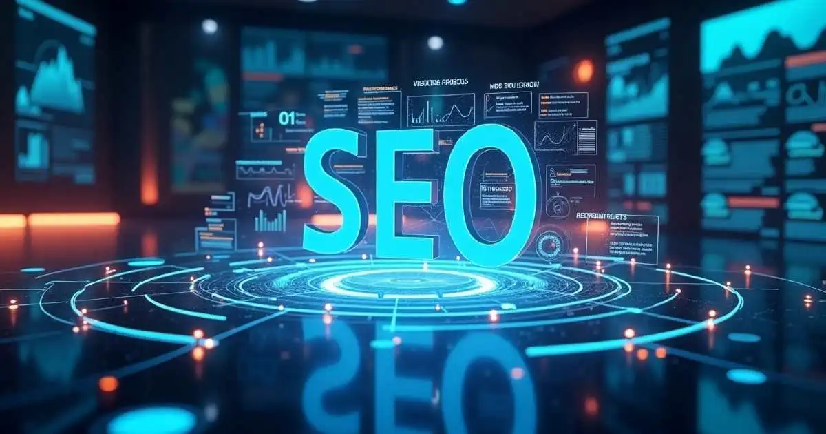 Futuristic SEO concept with glowing neon elements, data analytics, and digital marketing insights displayed on holographic screens.