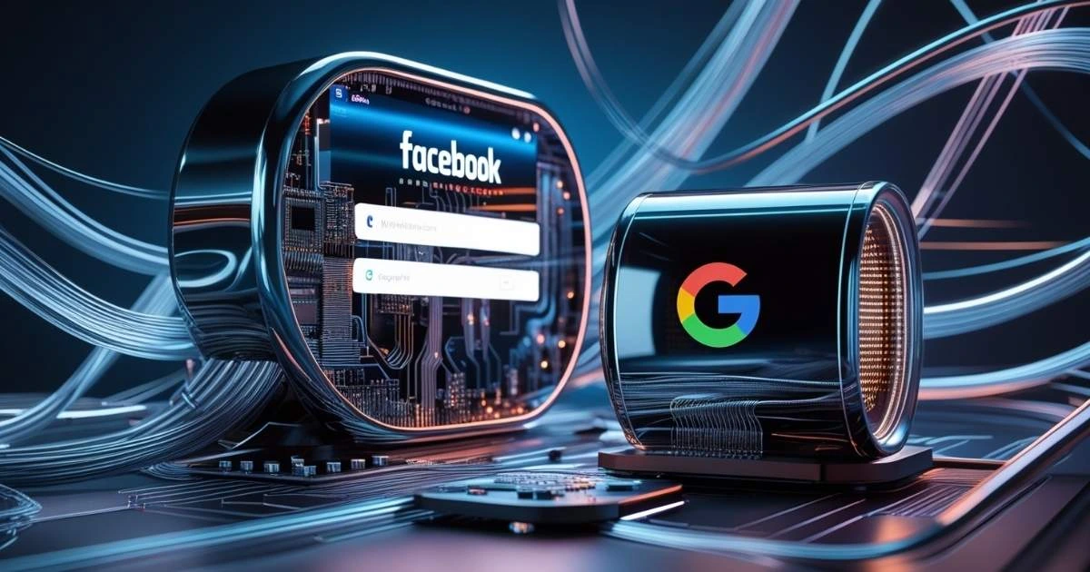 A futuristic digital representation of Facebook and Google, symbolizing their dominance as top advertising platforms in the digital marketing landscape.
