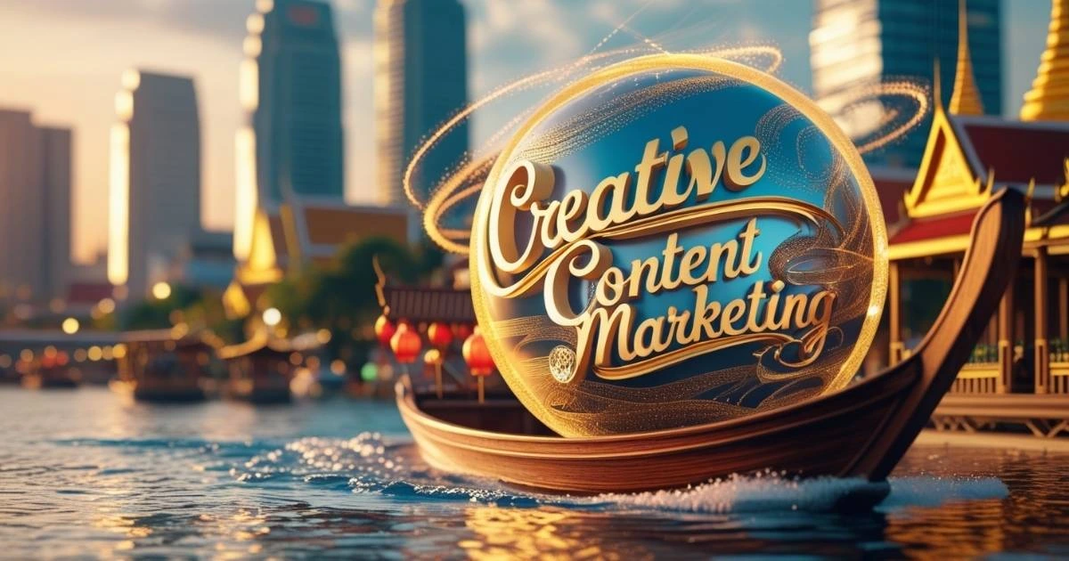 A floating wooden boat on a river in Thailand with the words "Creative Content Marketing" in elegant golden typography, set against a backdrop of modern skyscrapers and traditional Thai architecture at sunset.