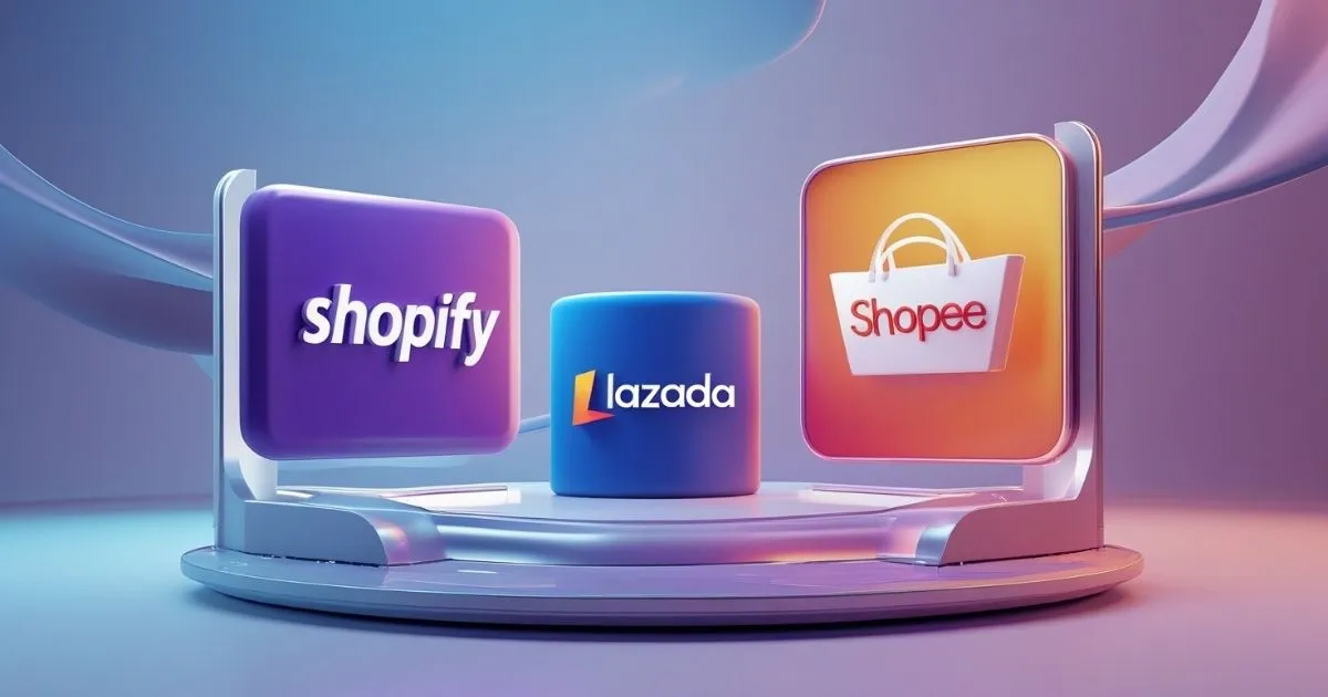 A 3D-rendered digital illustration featuring Shopify, Lazada, and Shopee logos on futuristic display stands, representing major e-commerce platforms in Thailand.