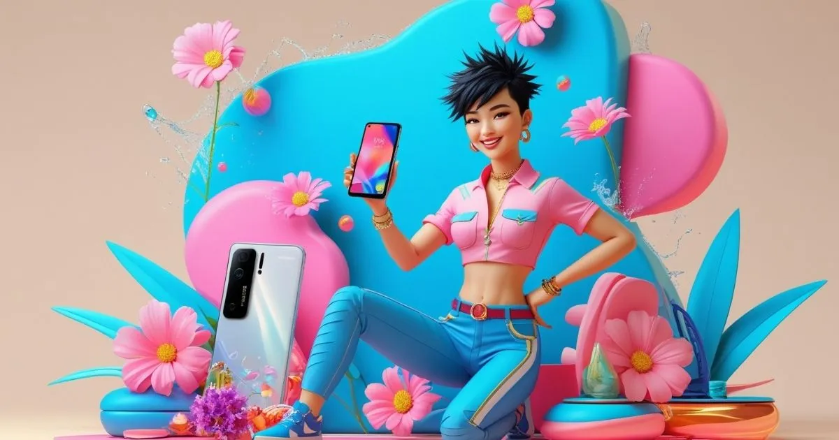 A stylish, animated influencer with short black hair, wearing a pink crop top and blue pants, promoting a smartphone against a vibrant pink and blue background with flowers and digital elements.