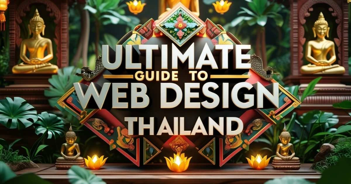 Ultimate Guide to Web Design in Thailand - A decorative Thai-themed digital graphic with golden Buddhas, lotus flowers, and traditional Thai patterns.
