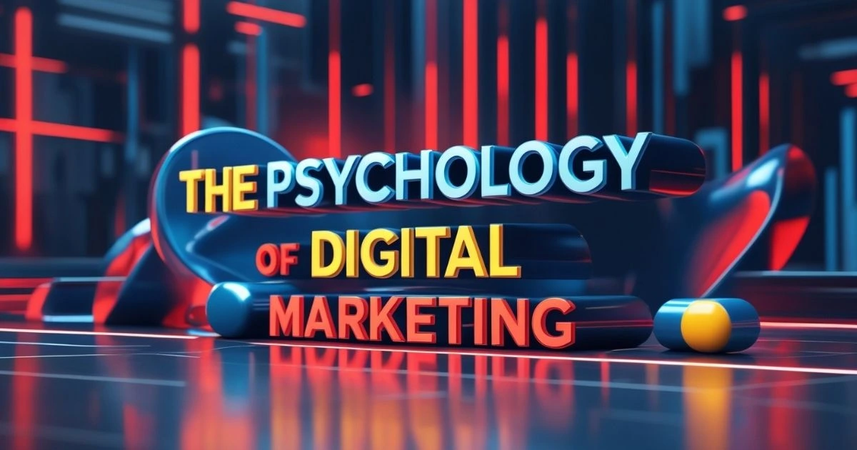 3D text design displaying 'The Psychology of Digital Marketing' with futuristic lighting.