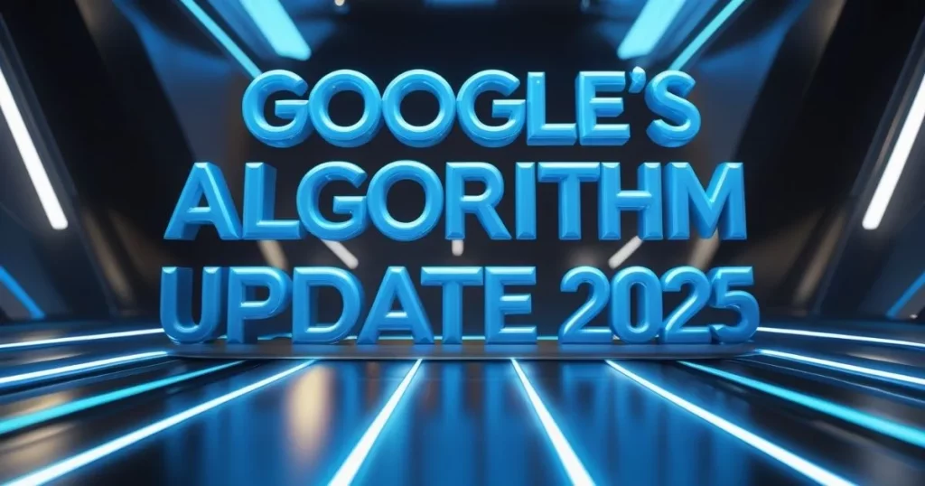 Futuristic 3D text displaying 'Google’s Algorithm Update 2025' with neon blue lighting.