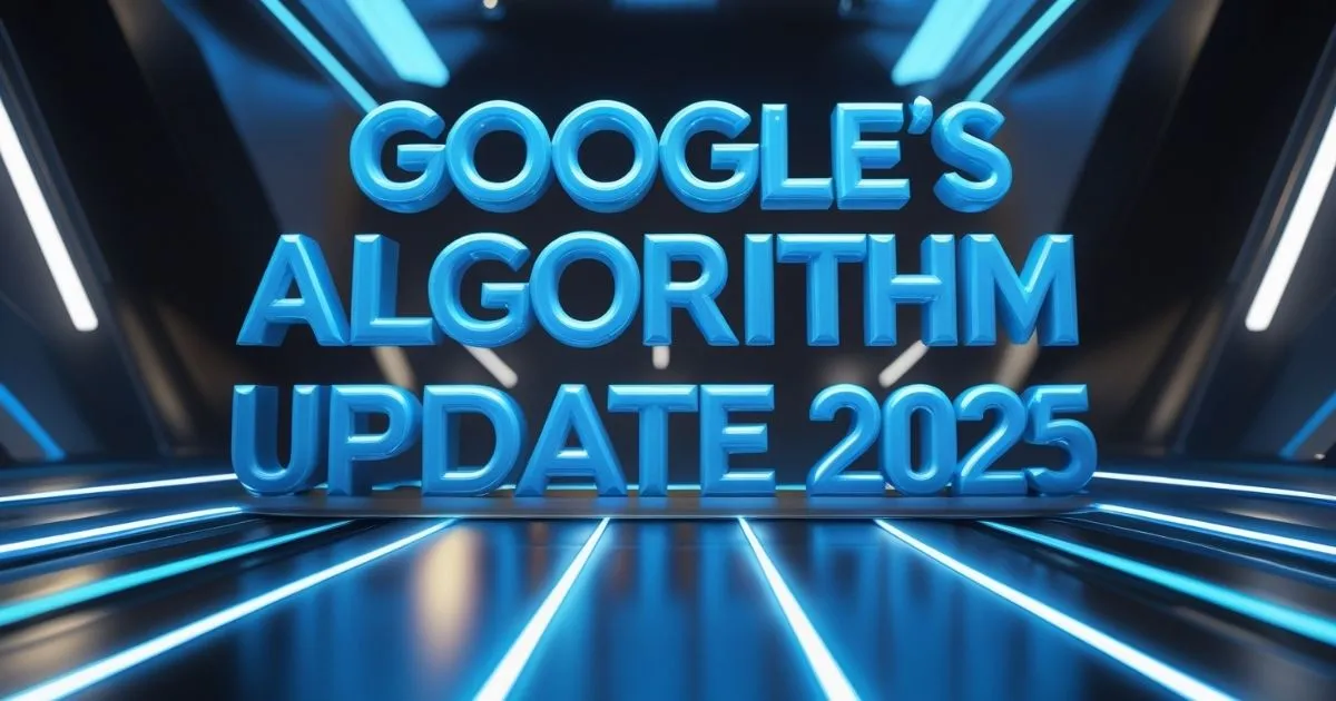 Futuristic 3D text displaying 'Google’s Algorithm Update 2025' with neon blue lighting.