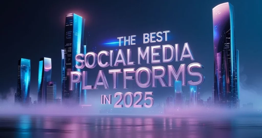The Best Social Media Platforms in 2025 – A futuristic digital cityscape with neon lights.