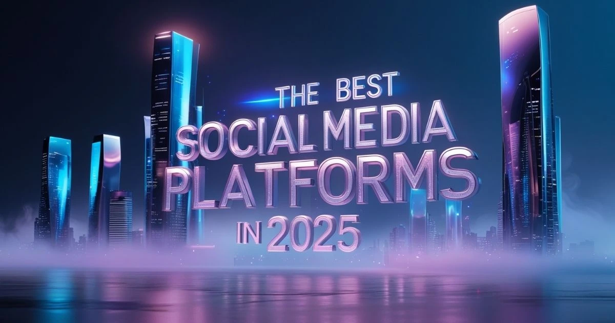 The Best Social Media Platforms in 2025 – A futuristic digital cityscape with neon lights.