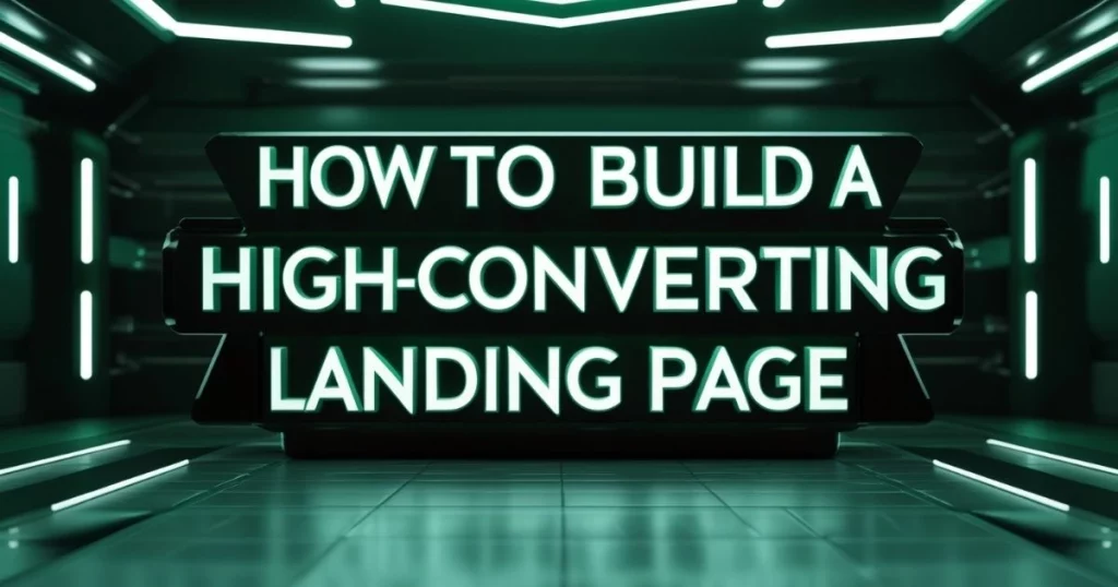 Neon-style text displaying "How to Build a High-Converting Landing Page" in a futuristic digital setting