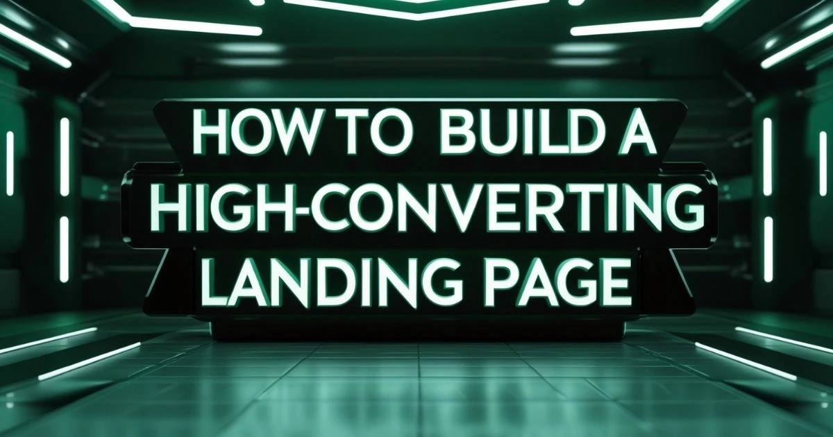 Neon-style text displaying "How to Build a High-Converting Landing Page" in a futuristic digital setting