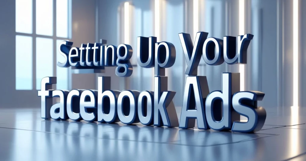 The Ultimate Guide to Facebook Ads for Businesses in Thailand 1 3D text reading "Setting Up Your Facebook Ads" in a modern, blue-lit room.
