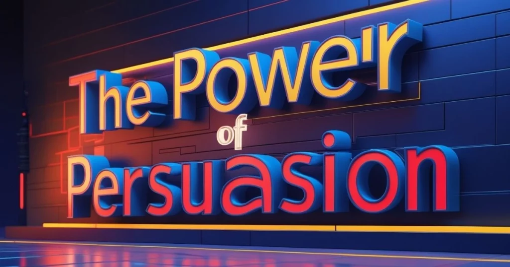 The Psychology of Digital Marketing: How to Influence Buying Decisions Online 2 Neon-lit 3D text reading 'The Power of Persuasion' against a futuristic backdrop.