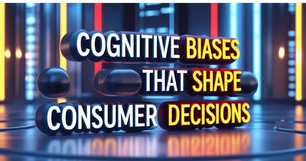 The Psychology of Digital Marketing: How to Influence Buying Decisions Online 3 Floating 3D text displaying 'Cognitive Biases That Shape Consumer Decisions' in bold colours.