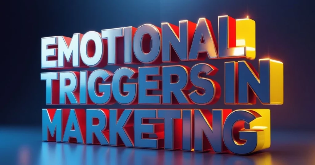 The Psychology of Digital Marketing: How to Influence Buying Decisions Online 4 Bold 3D typography reading 'Emotional Triggers in Marketing' with dynamic lighting effects.