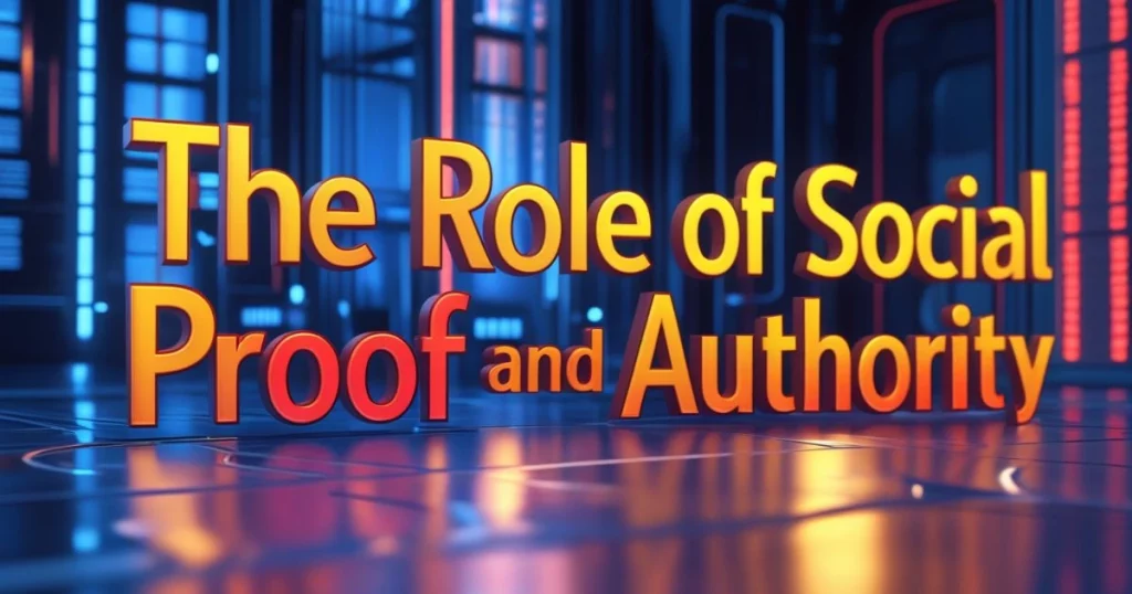 The Psychology of Digital Marketing: How to Influence Buying Decisions Online 5 Bright 3D text reading 'The Role of Social Proof and Authority' in a futuristic setting.