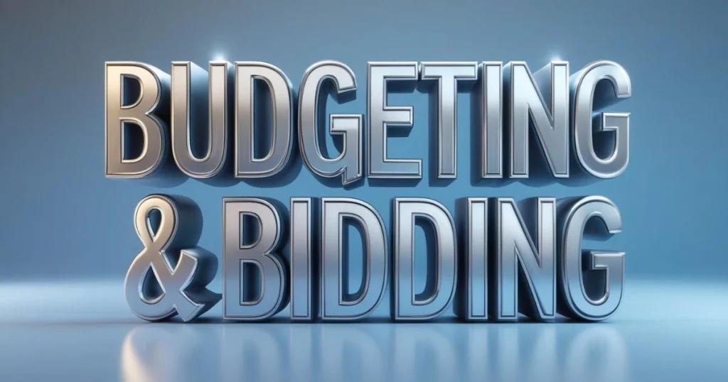 The Ultimate Guide to Facebook Ads for Businesses in Thailand 5 Metallic 3D text stating "Budgeting & Bidding" with a soft blue background.