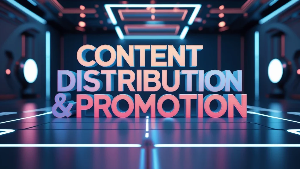 How to Create a Content Strategy That Drives Traffic and Leads 10 Content Distribution & Promotion – Bold neon 3D text with a digital backdrop