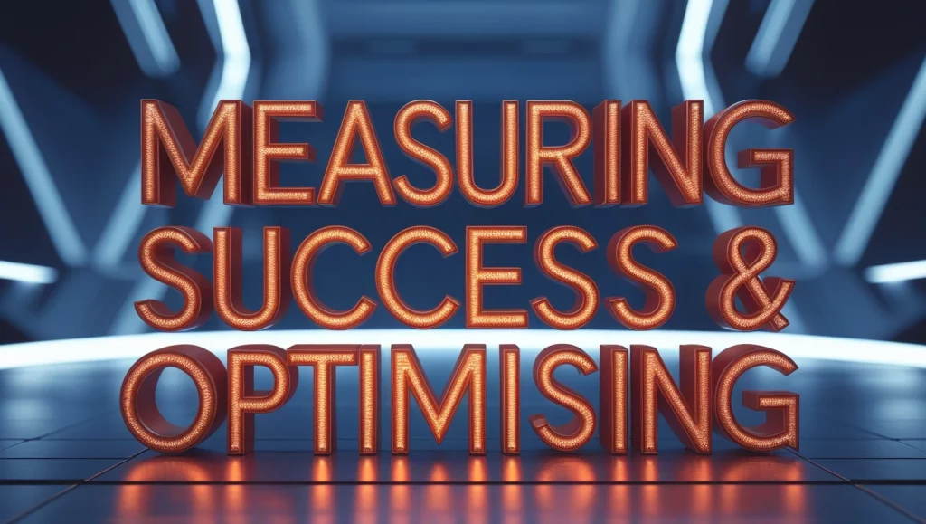 How to Create a Content Strategy That Drives Traffic and Leads 11 Measuring Success & Optimising – High-tech glowing text with futuristic depth