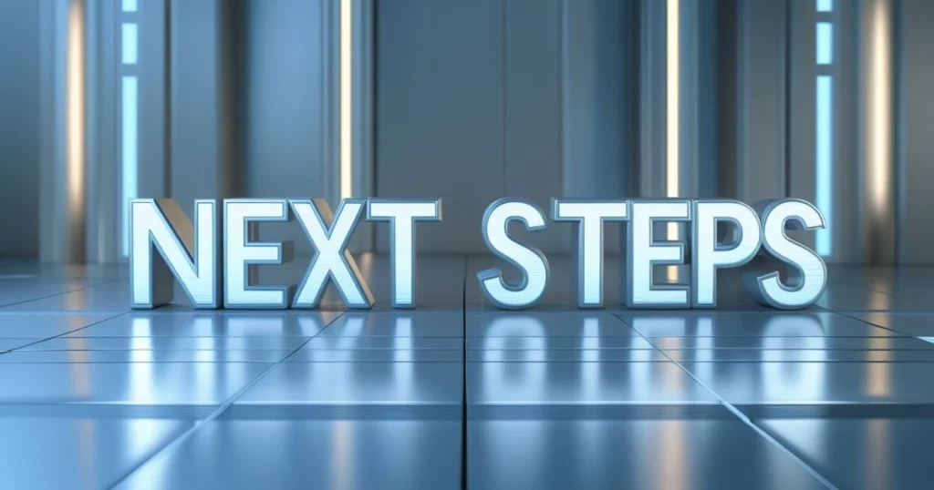 The Ultimate Guide to Facebook Ads for Businesses in Thailand 8 Glowing text reading "Next Steps" in a futuristic blue-lit digital environment.