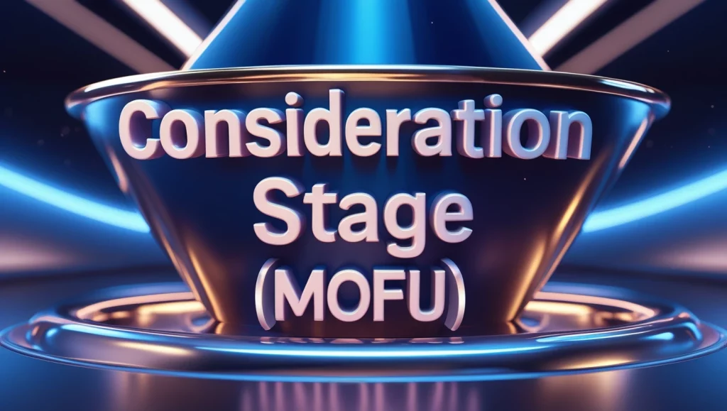 How to Create a Content Strategy That Drives Traffic and Leads 8 Consideration Stage MOFU – Sleek metallic funnel design with glowing blue text