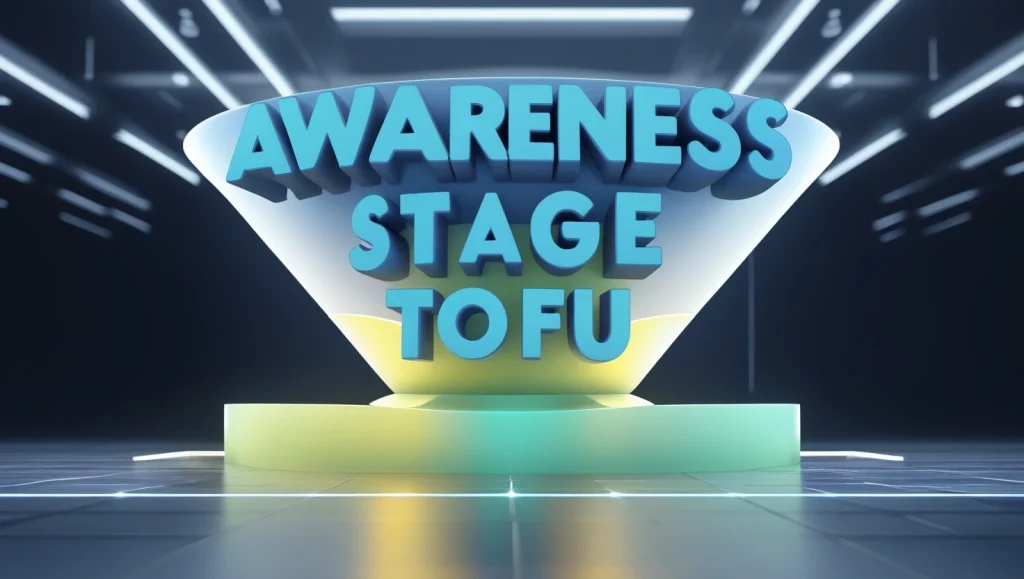 How to Create a Content Strategy That Drives Traffic and Leads 7 Awareness Stage TOFU – Blue 3D text on a funnel-shaped design