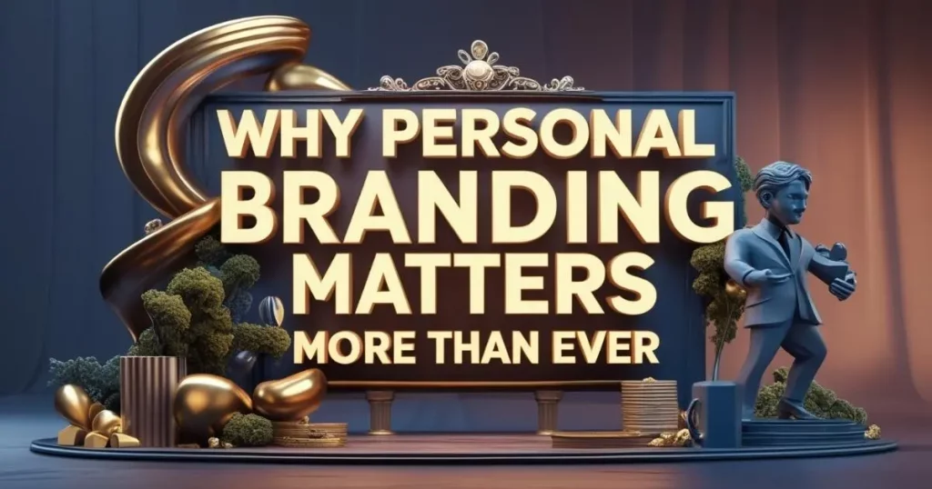The Power of Personal Branding: How Entrepreneurs Can Stand Out Online 1 Golden 3D billboard with the text “Why Personal Branding Matters More Than Ever” beside a stylised figure of a speaker.