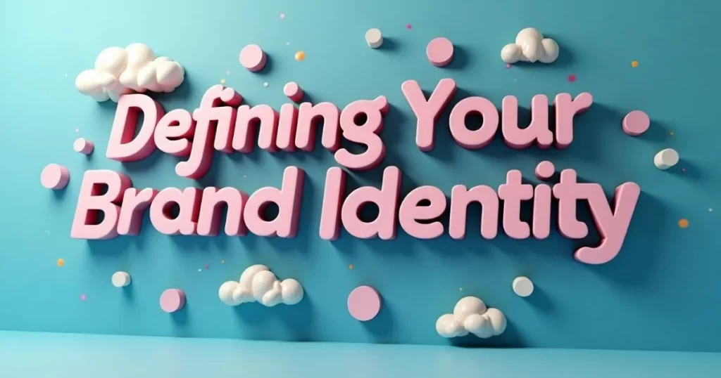 The Power of Personal Branding: How Entrepreneurs Can Stand Out Online 2 Playful 3D text “Defining Your Brand Identity” in pink, floating among stylised clouds on a blue background.