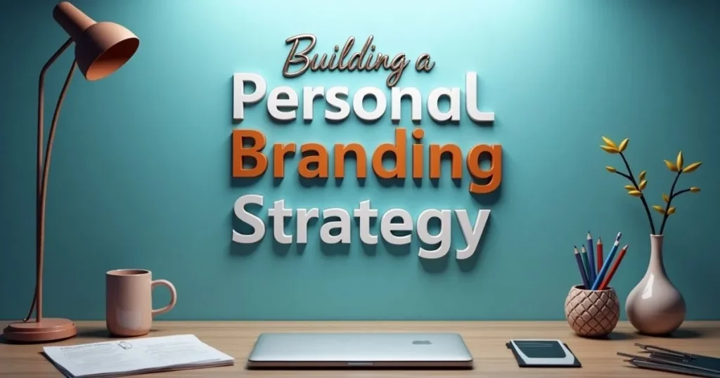 The Power of Personal Branding: How Entrepreneurs Can Stand Out Online 3 Desk setup with the phrase “Building a Personal Branding Strategy” in 3D text on a teal wall.