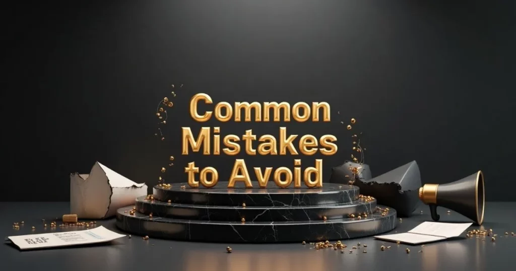 The Power of Personal Branding: How Entrepreneurs Can Stand Out Online 6 Golden text “Common Mistakes to Avoid” on a pedestal surrounded by broken objects and confetti.