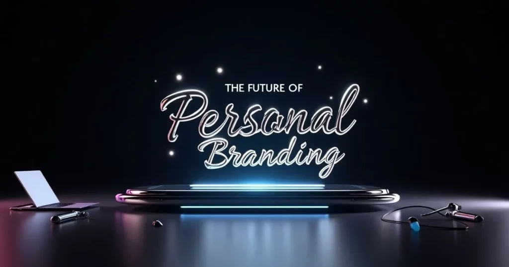 The Power of Personal Branding: How Entrepreneurs Can Stand Out Online 7 Futuristic neon-style text “The Future of Personal Branding” on a digital stage with laptop and headset nearby.