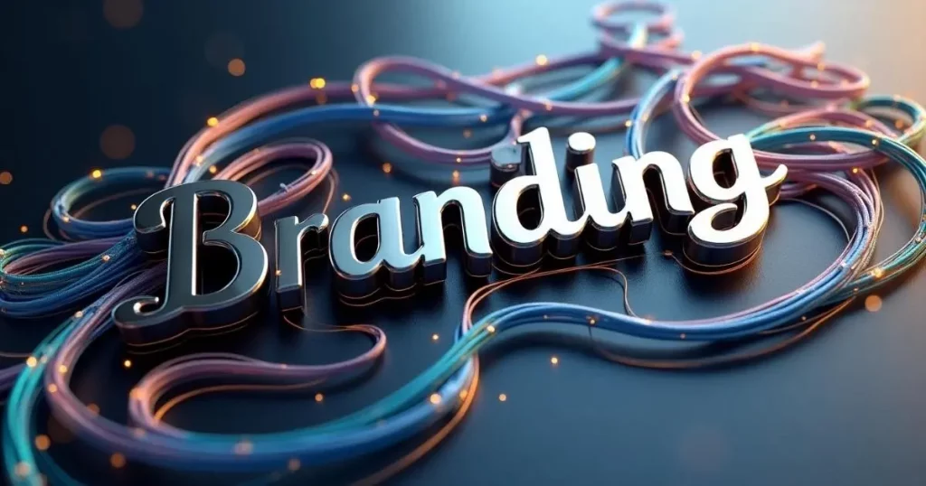 The Power of Personal Branding: How Entrepreneurs Can Stand Out Online 8 3D metallic text spelling “Branding” surrounded by colourful, flowing wires and glowing lights on a dark background.