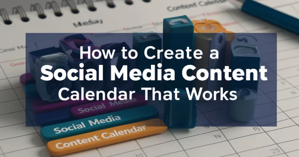Social media calendar with bold text overlay about creating a content strategy
