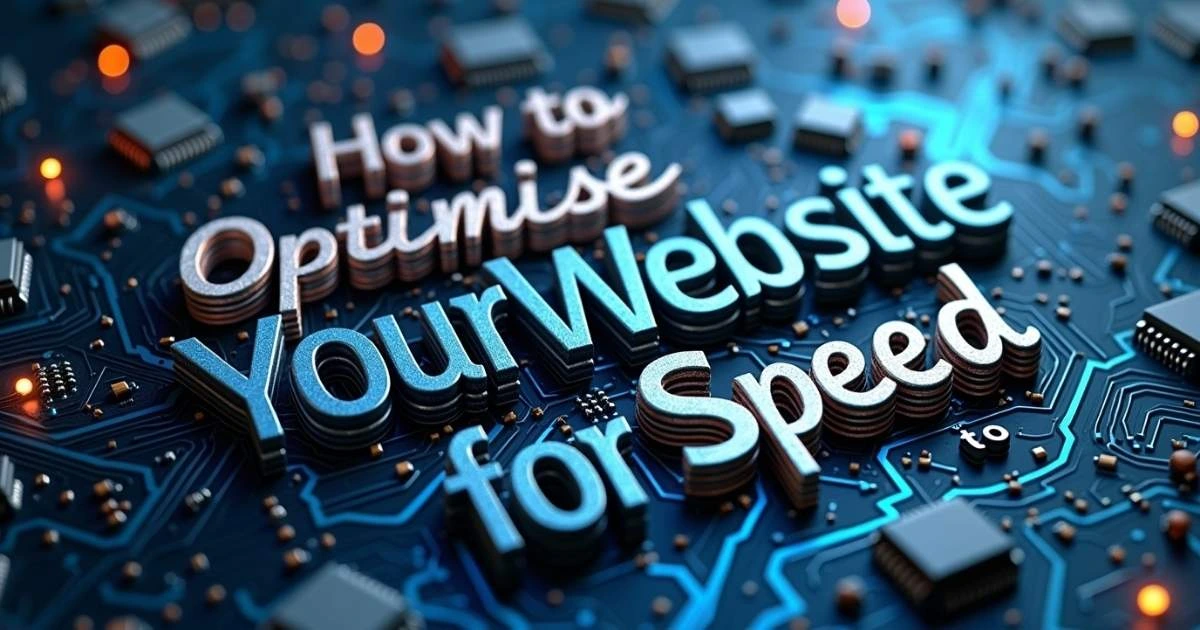 3D text reading "How to Optimise Your Website for Speed" on a digital circuit background
