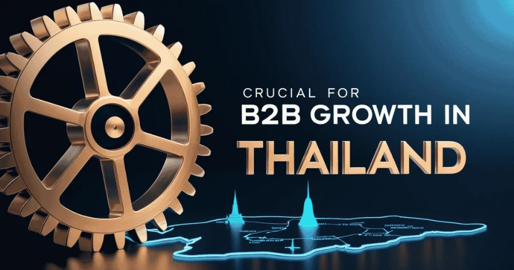 How to Use LinkedIn for Business Growth and Lead Generation 1 Golden gear on a digital map of Thailand with the text “Crucial for B2B Growth in Thailand
