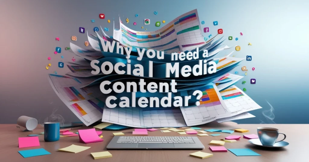 How to Create a Social Media Content Calendar That Works 1 Exploding stack of social media calendars with floating icons and text overlay