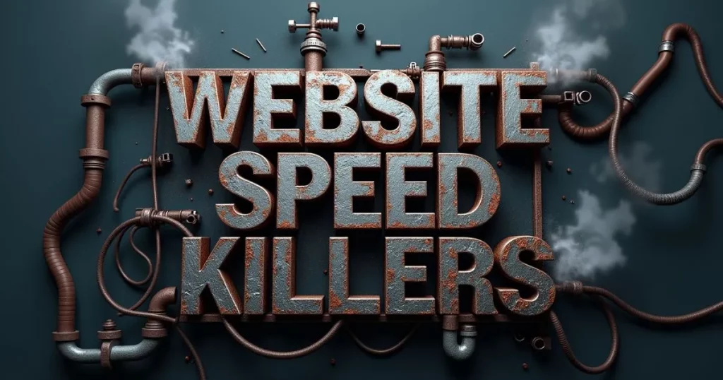 How to Optimize Your Website Speed for Better SEO and User Experience 5 Industrial-themed 3D text "Website Speed Killers" with pipes and steam