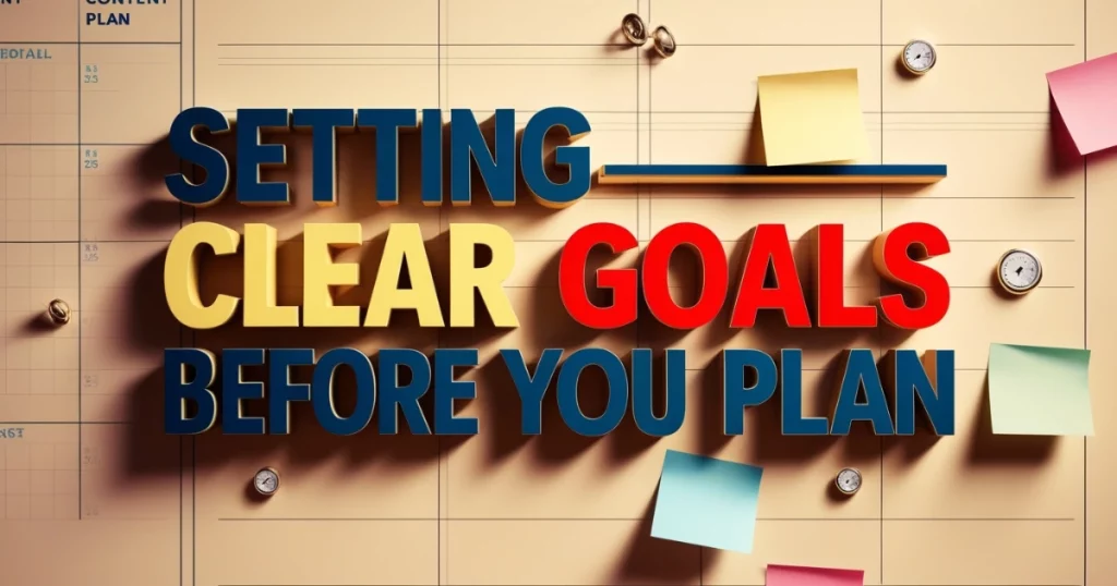 How to Create a Social Media Content Calendar That Works 2 Wall calendar with post-it notes and bold text about setting social media goals