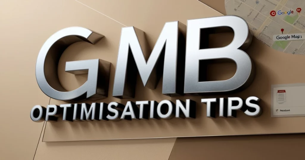 GMB Optimisation Tips in bold 3D text with Google Maps background