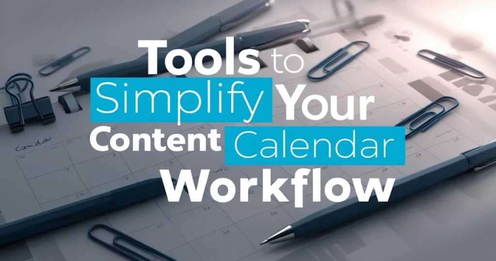 How to Create a Social Media Content Calendar That Works 5 Pens and paper clips on a calendar with text about workflow tools