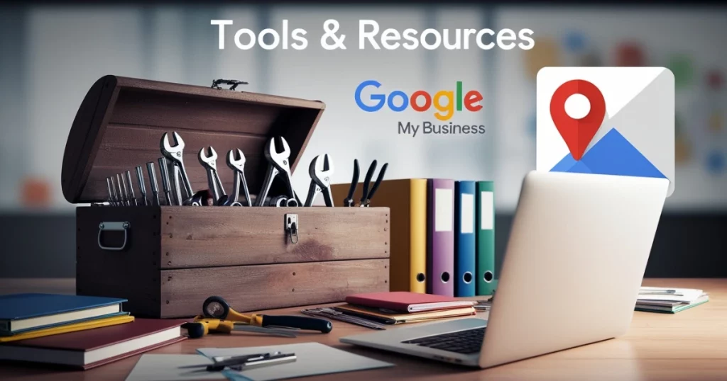 Toolbox and laptop with Google My Business logo and text “Tools & Resources