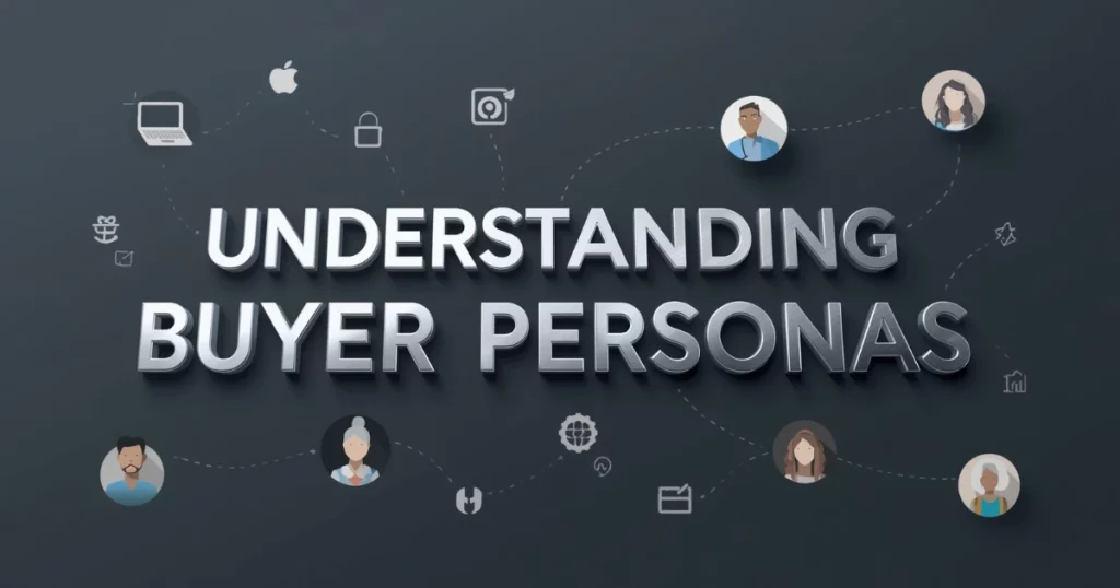 Understanding Buyer Personas title with illustrated user avatars and digital marketing icons on a dark background