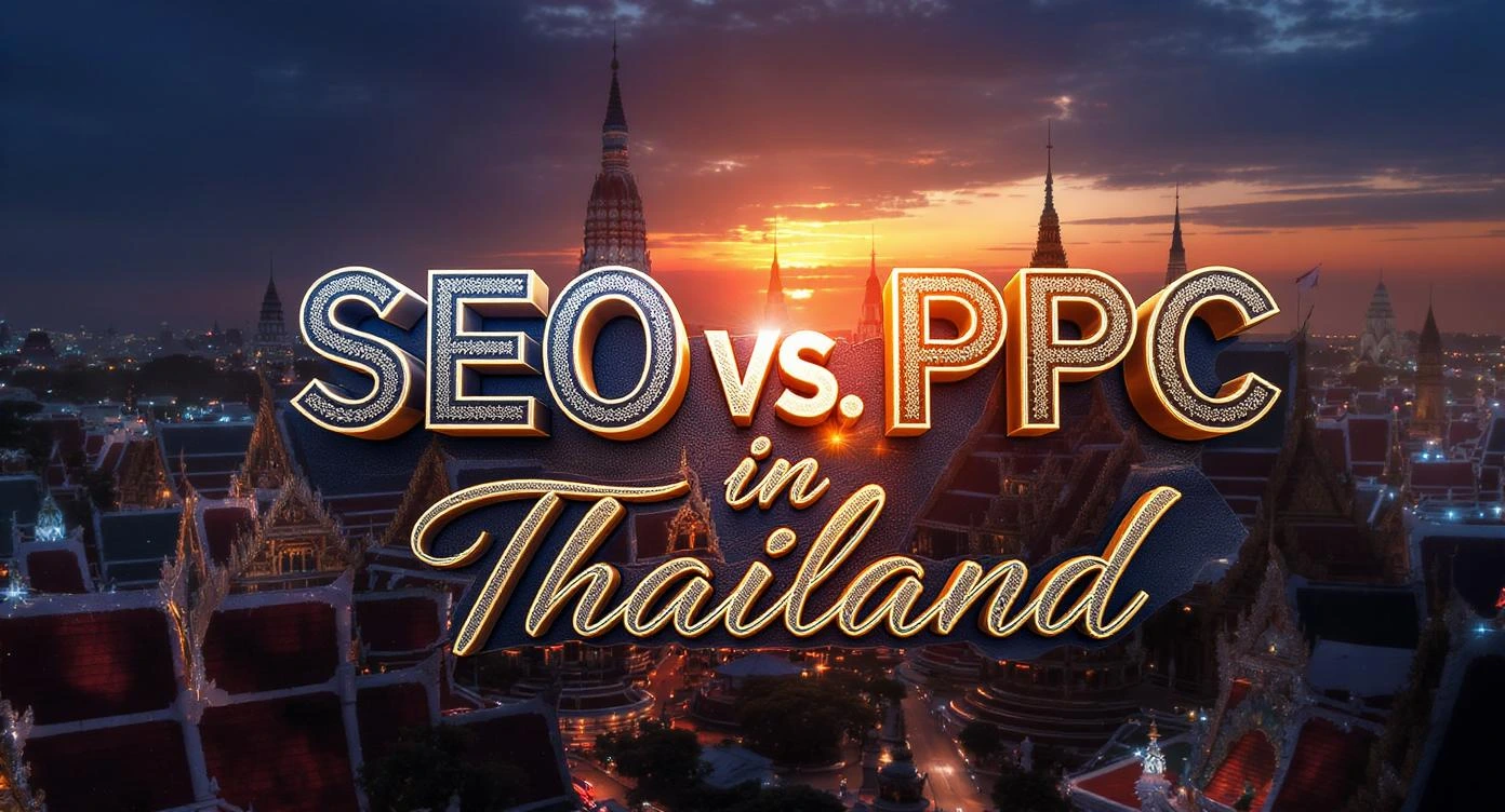 SEO vs. PPC in Thailand written in bold lettering over a Bangkok temple skyline at sunset.